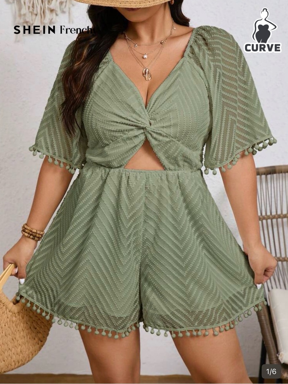 SHEIN Curve Sage Green Cutout Romper Boho Flutter Sleeve 1XL